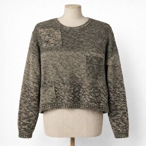 Y2K Patchwork Knit Sweater Green Boxy Cropped M Granola Colorblock Military 90s